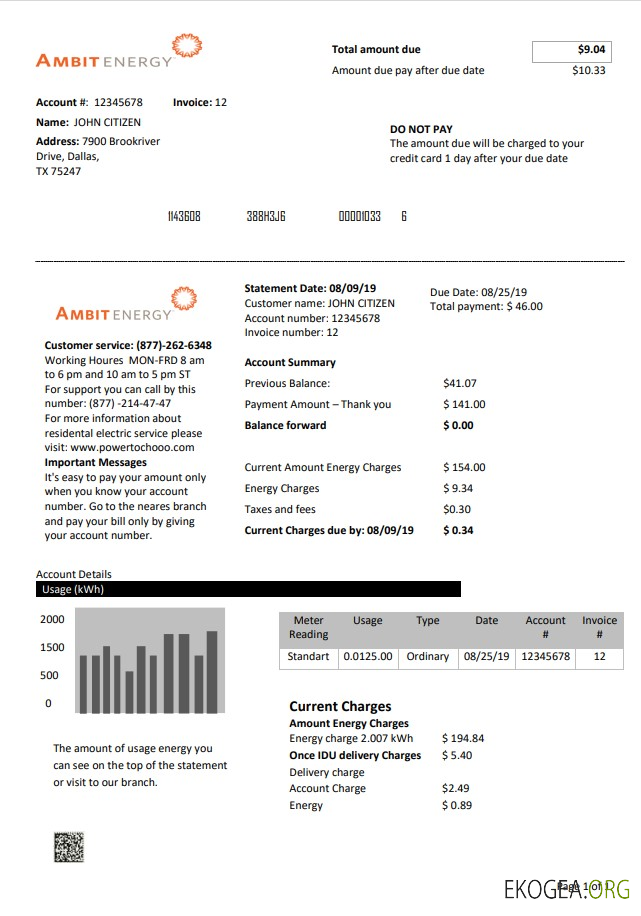 USA Texas Ambit Energy utility bill template in Word and PDF format